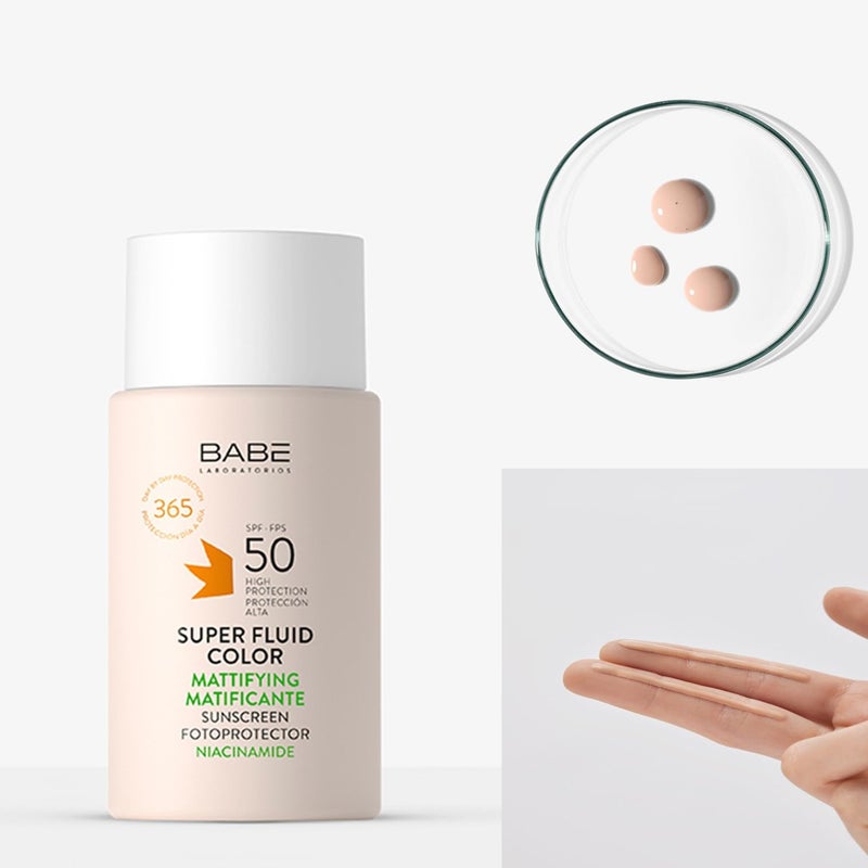 Babe Super Fluid Color Mattifying SPF 50 – Tinted Facial Sunscreen for Oily Skin – Oil-Free, Lightweight, Broad Spectrum UVA/UVB Protection – With Niacinamide & Carnosine – 50ml - Image 3